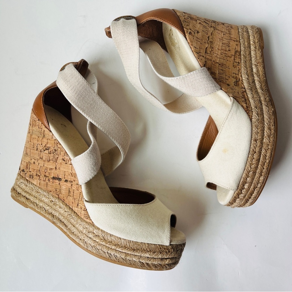 Tory Burch Kate Cream And Tan Woven Espadrille Wedge Platform Sandals